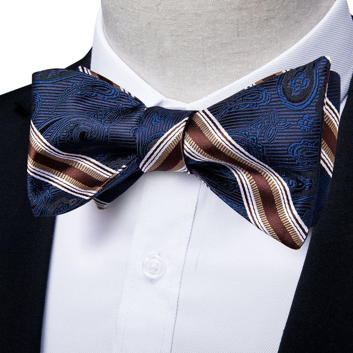 New Navy Blue Striped Paisley Self-tied Bow Tie Pocket Square Cufflink ...