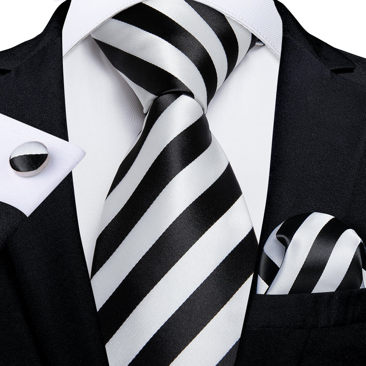 Classic Black White Striped Men's Tie Hanky Cufflinks Set – ties2you