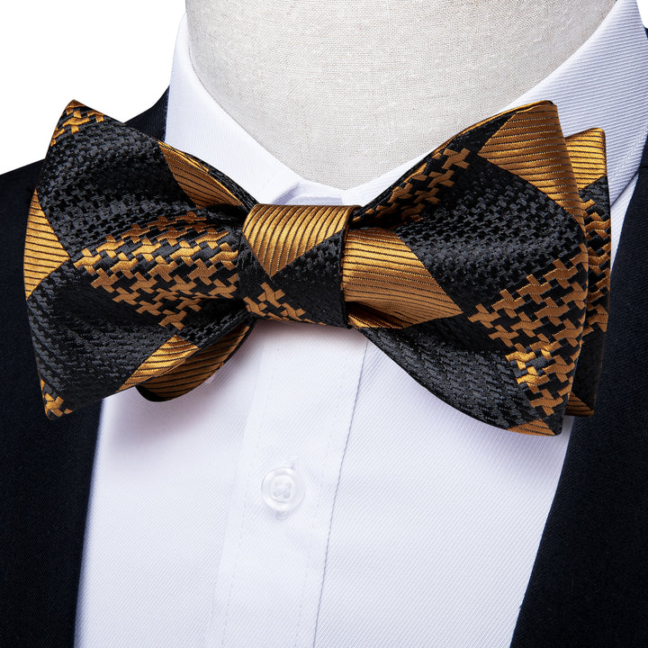 Black Golden Plaid Self-tied Silk Bow Tie Pocket Square Cufflinks Set ...