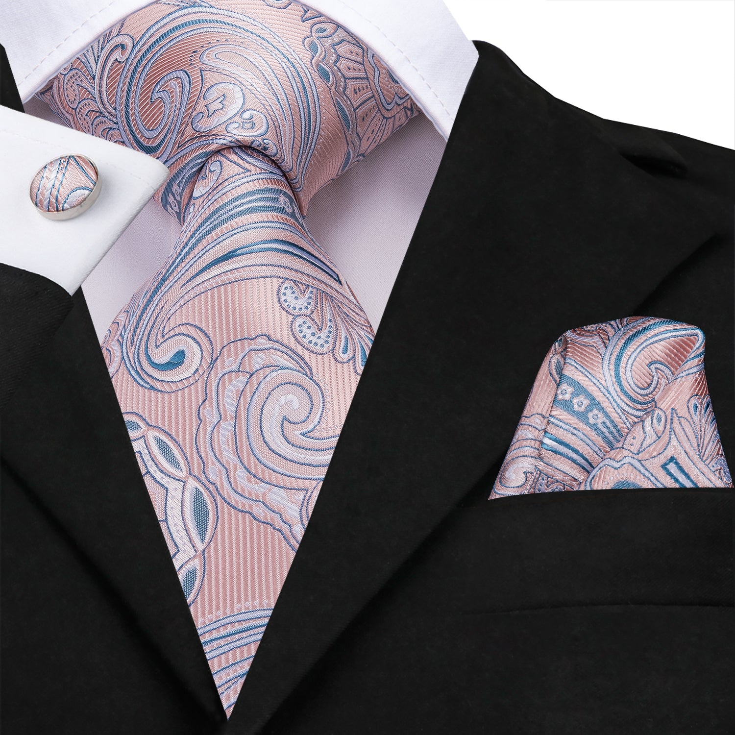 Silver Pink Paisley Men's Necktie Pocket Square Cufflinks Set – ties2you
