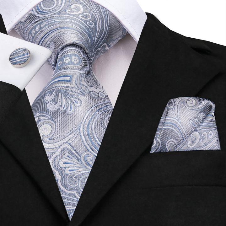 Silver Blue Paisley Men's Necktie Pocket Square Cufflinks Set – ties2you