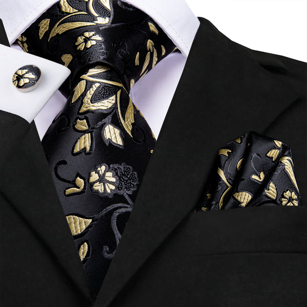 Black Yellow Floral Necktie Pocket Square Cufflinks Set