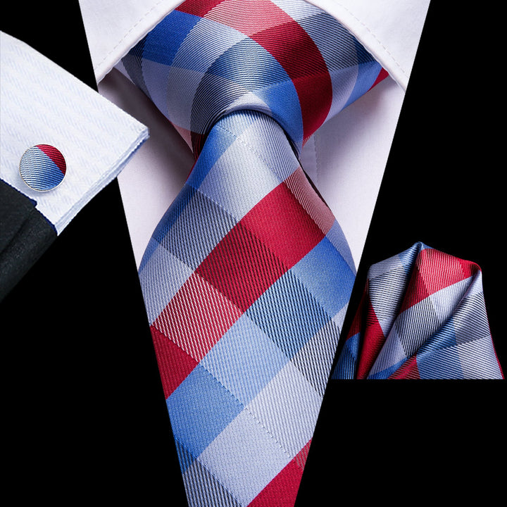 cheap necktie business plaid red and blue tie pocket square cufflinks set