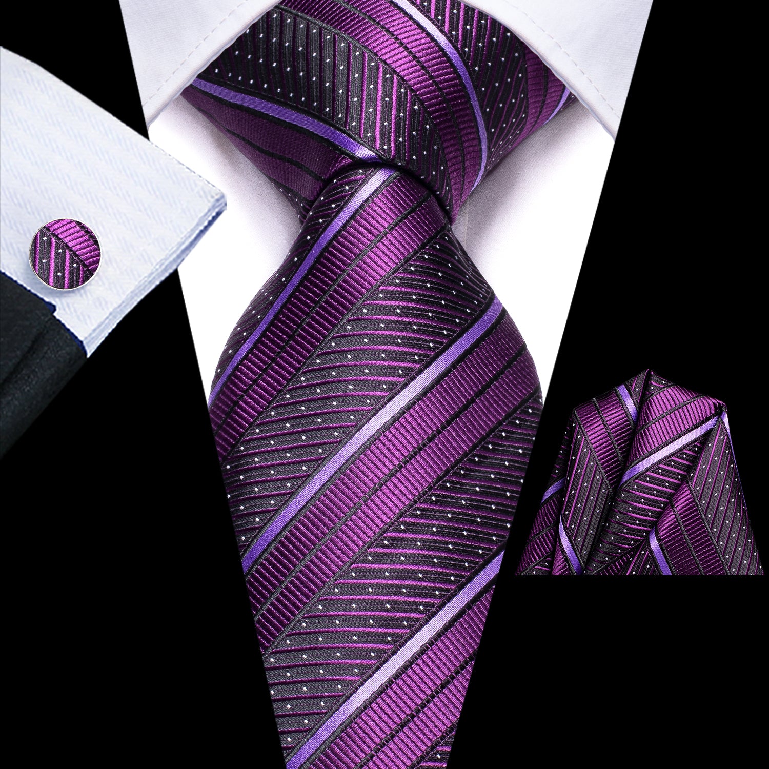 Purple Striped Men's Tie Handkerchief Cufflinks Set – ties2you