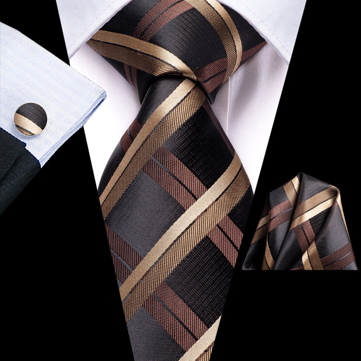 Black Brown Plaid Men's Tie Handkerchief Cufflinks Set – ties2you