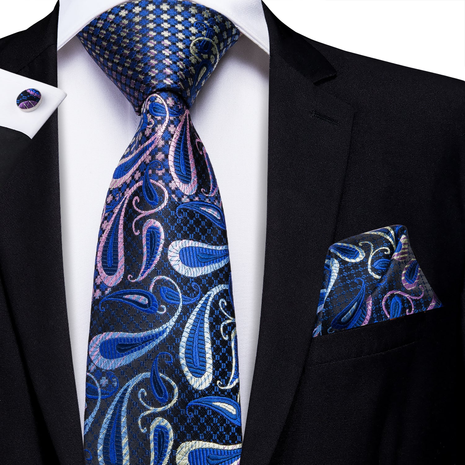 New Dark Blue Gradient Paisley Silk Men's Necktie Pocket Square Cuffli ...