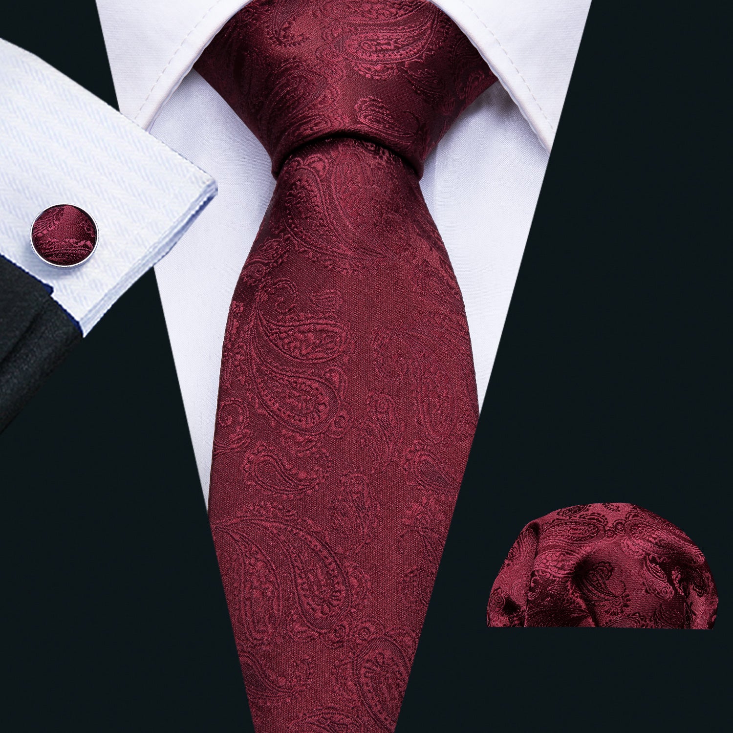 Burgundy Paisley Silk Men's Tie Hanky Cufflinks Set – ties2you