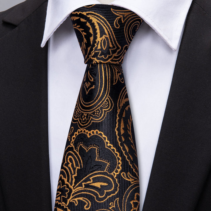 Black Golden Paisley Necktie Pocket Square Cufflinks Set – ties2you