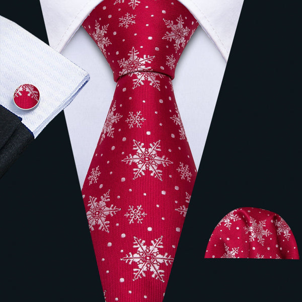 Fashion men's novelty Christmas snowflake silk red necktie handkerchief cufflinks set