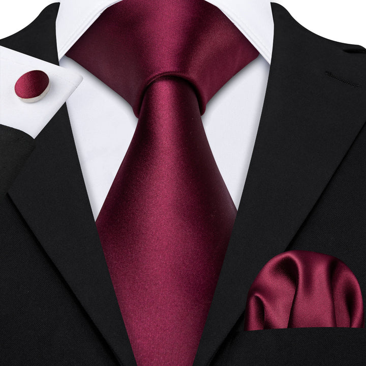 fashion wedding solid dark red silk mens work suit tie pocket square cufflinks set