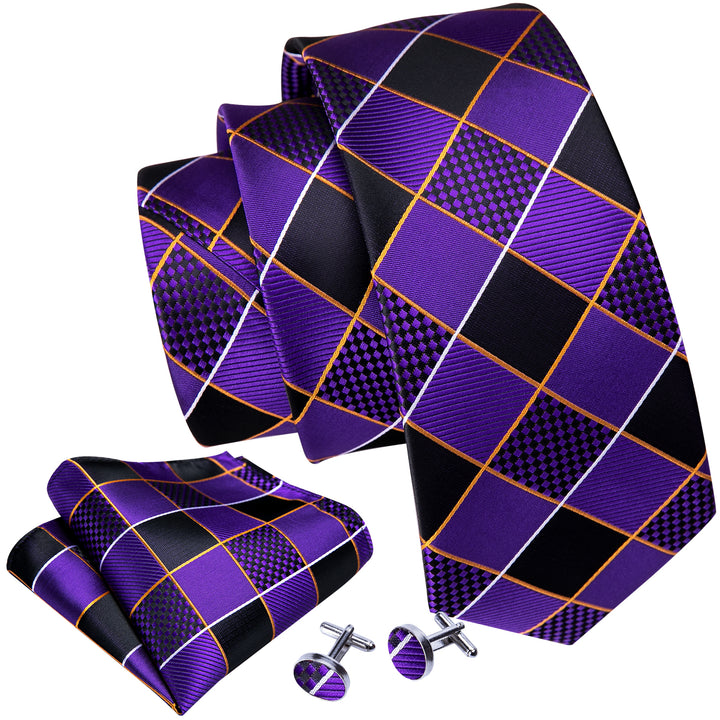 business dress plaid silk mens black deep purple neck tie handkerchief cufflinks set