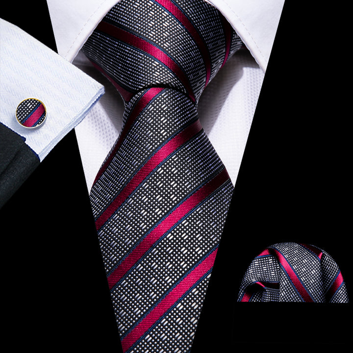 Gray Red Striped Necktie Pocket Square Cufflinks Set – ties2you
