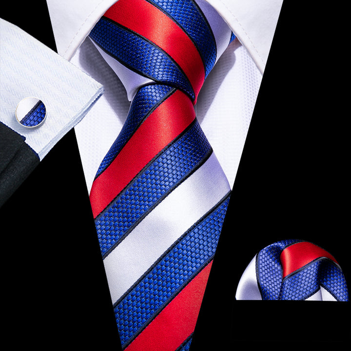 Red Blue White Striped silk mens tie Pocket Square Cufflinks Set for black suit top