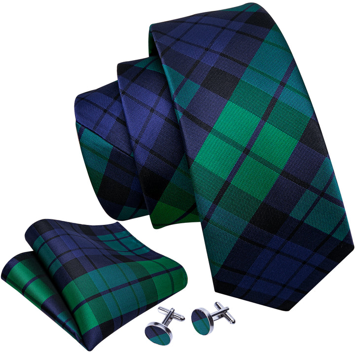 New Deep Green Blue Plaid Men's Tie Pocket Square Cufflinks Set – ties2you