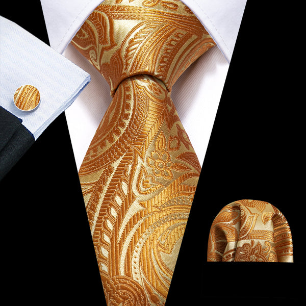 Shining Golden Paisley Silk Men's Necktie Pocket Square Cufflinks Set