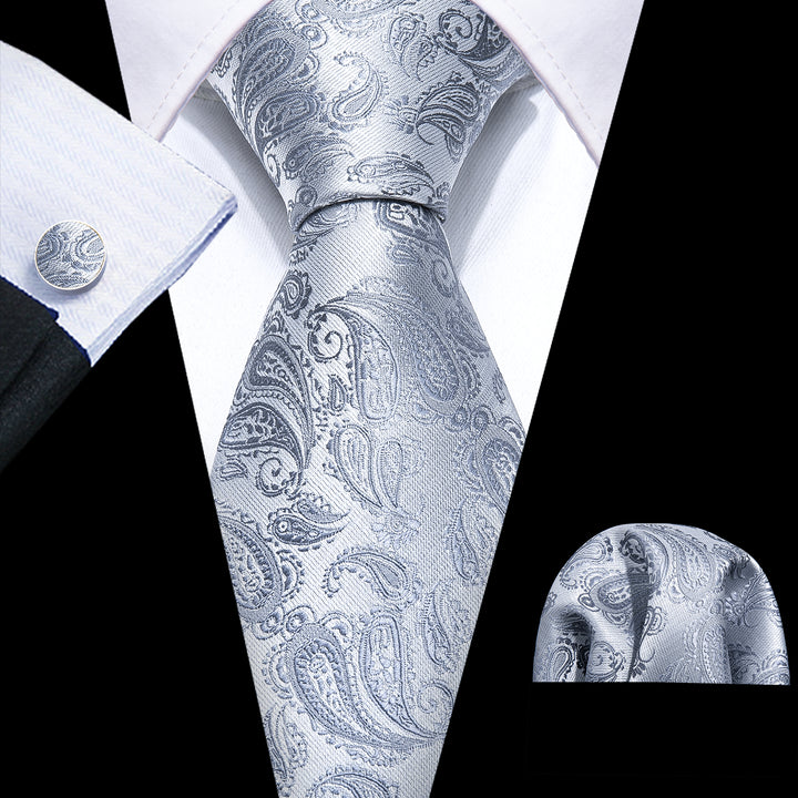 fashion paisley bright gray ties pocket square cufflinks set