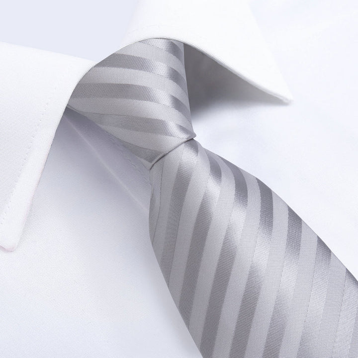 classic striped business silk mens metallic silver tie pocket square cufflinks set