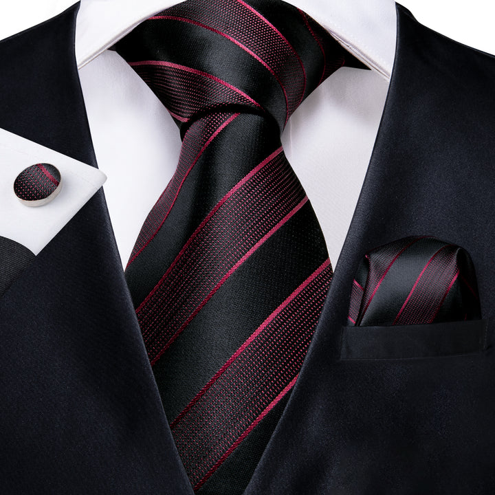 Black Dark Red Striped Men's Necktie Pocket Square Cufflinks Set 8cm ...