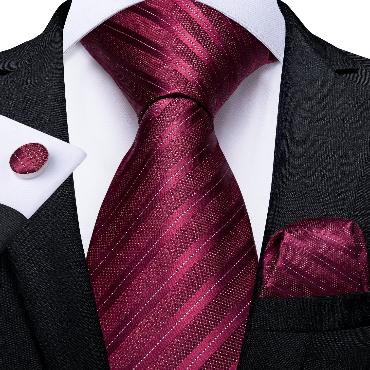 New Burgundy Red Striped Men's Necktie Pocket Square Cufflinks Set ...