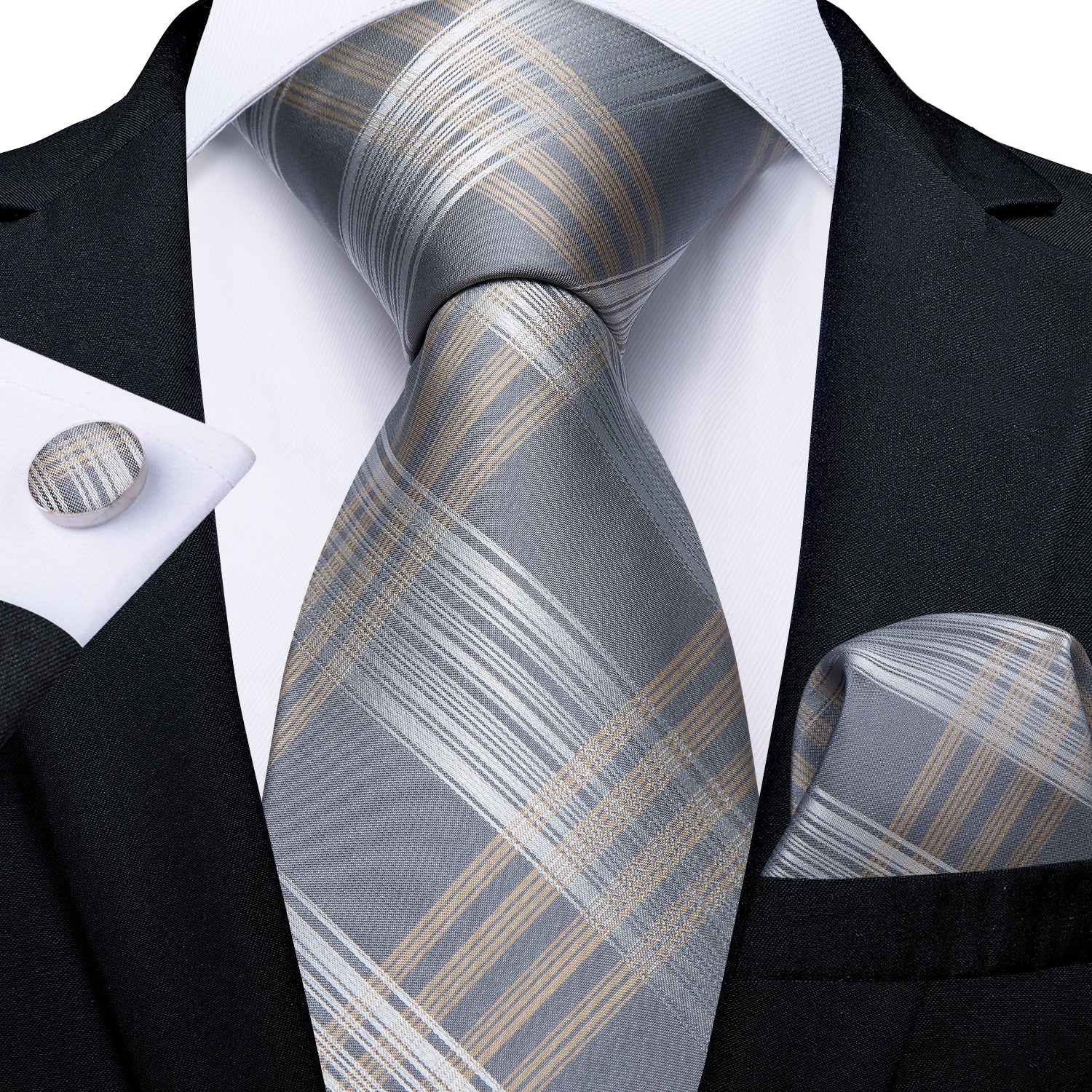 Tender Style Grey Plaid Men's Necktie Pocket Square Cufflinks Set ...