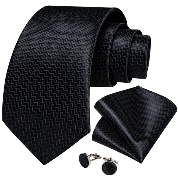 Black Solid Necktie Pocket Square Cufflinks Set