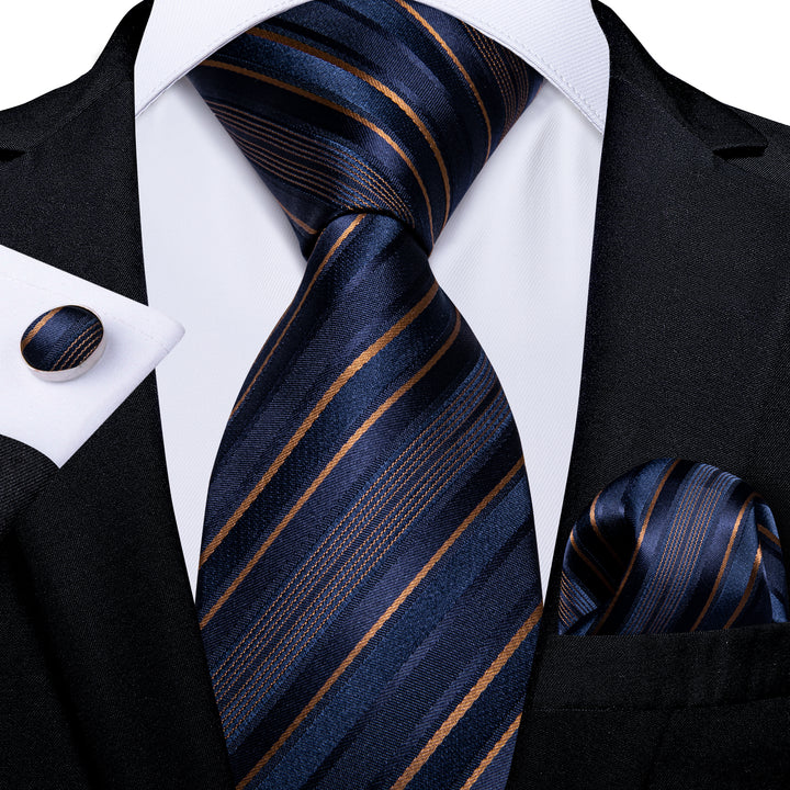 Blue Golden Striped Necktie Pocket Square Cufflinks Set – ties2you