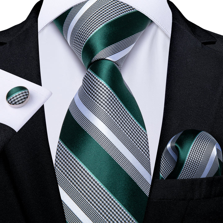 Green Grey Striped Silk Fabric Mens Tie Hanky Cufflinks Set – ties2you