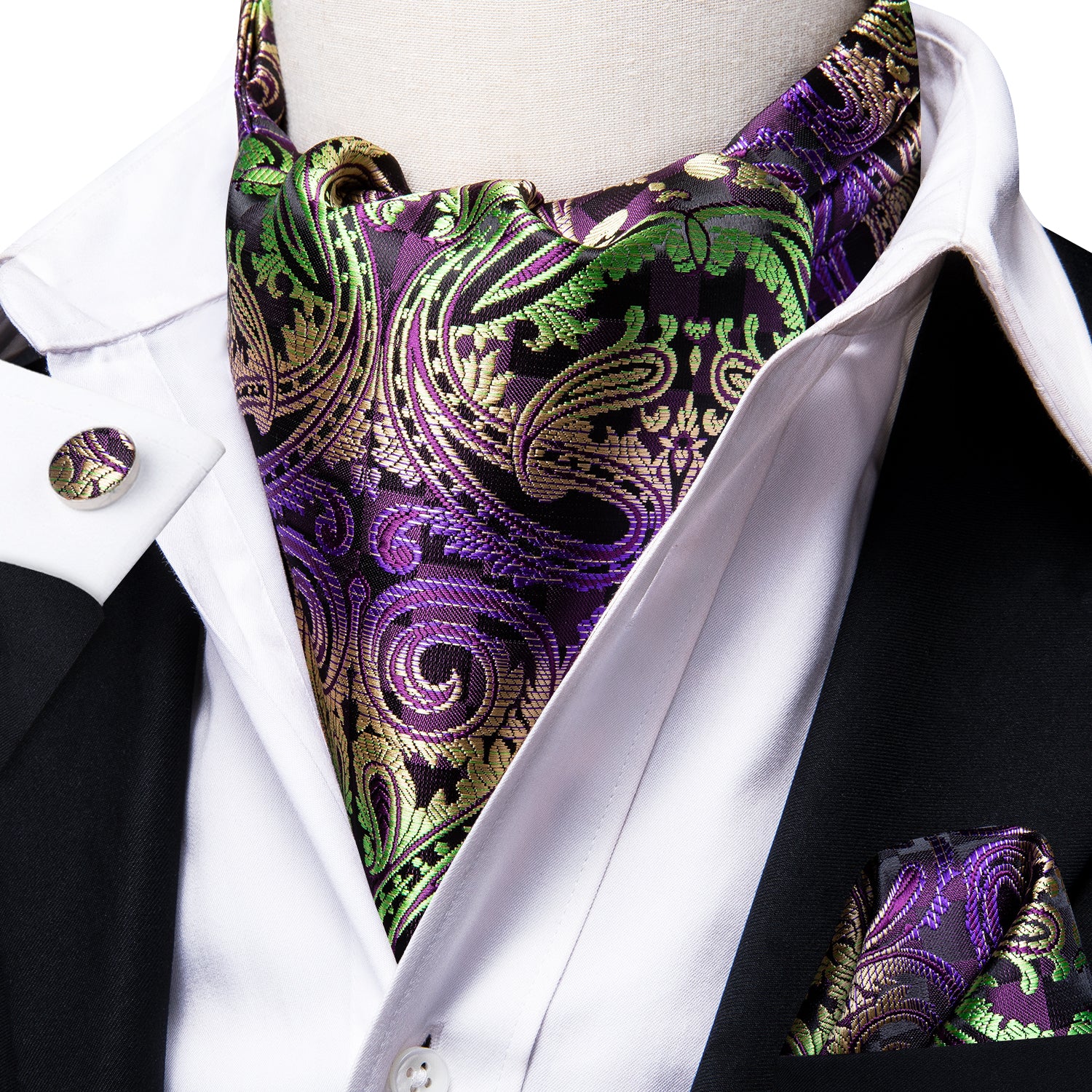 Mens Silk Ascot Cravat Tie Suit Purple Paisley Hanky Cufflinks