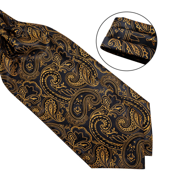 Black Golden Paisley Ascot Cravat Pocket Square Cufflinks Set – ties2you