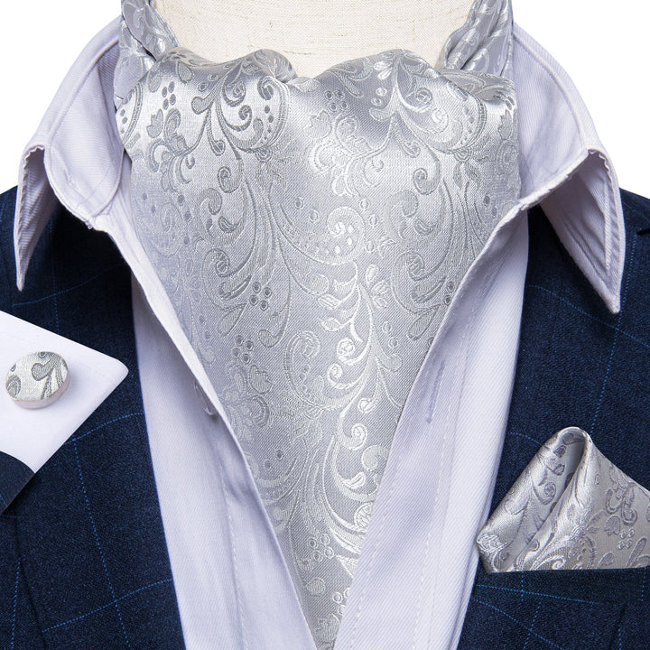 New Silver Floral Silk Cravat Woven Ascot Tie Pocket Square Handkerchief Suit Set (4601472319569)