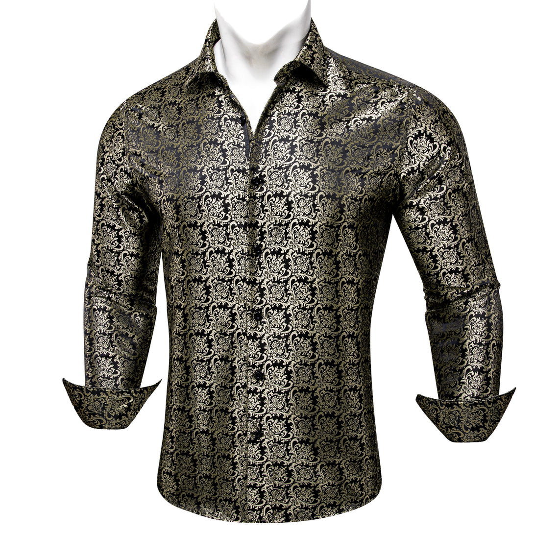 Black Champagne Floral Silk Men's Long Sleeve Shirt – ties2you