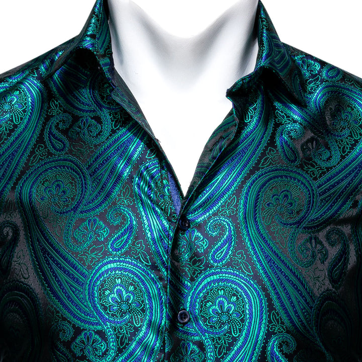 Green Black Paisley Style Silk Men's Long Sleeve Shirt – ties2you