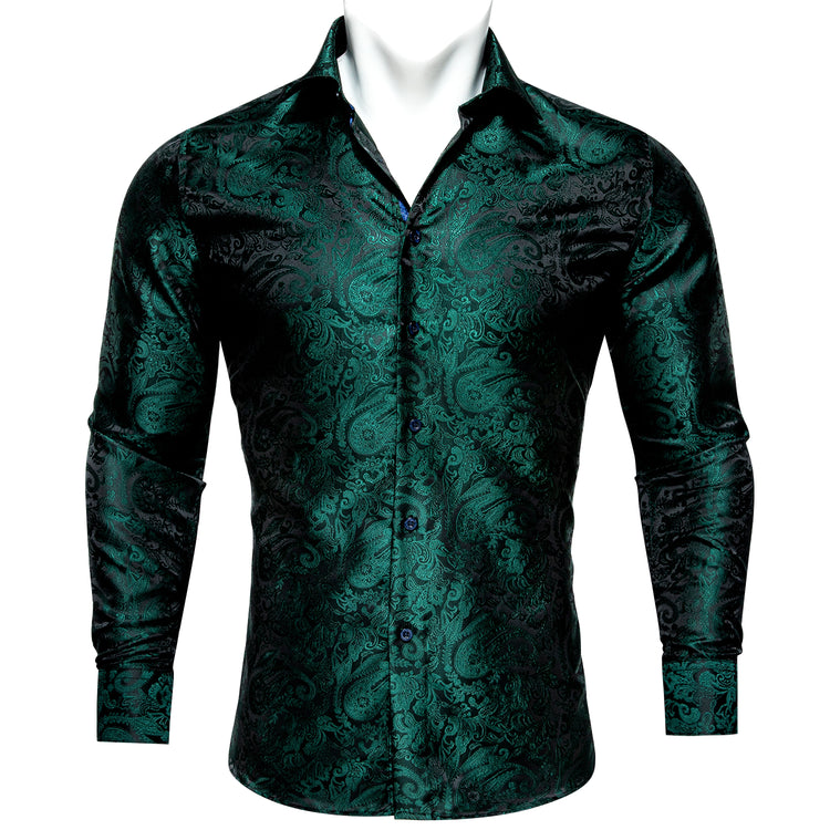 Black Green Paisley Style Silk Men's Long Sleeve Shirt – ties2you