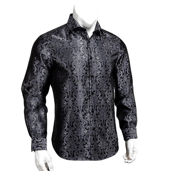 Luxury Black Floral Silk Men's Long Sleeve Shirt – ties2you