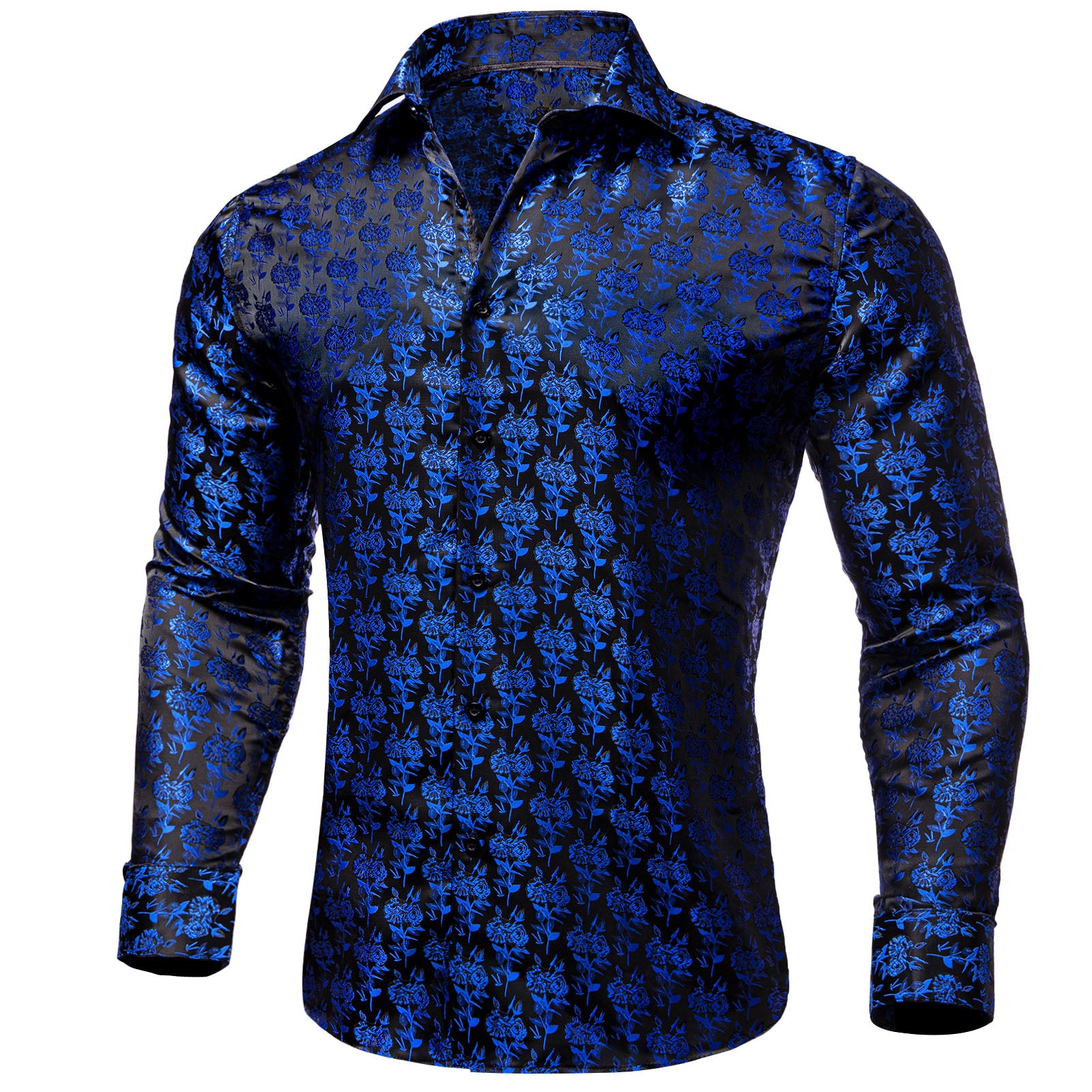 Black Blue Rose Floral Silk Men's Long Sleeve Shirt – ties2you