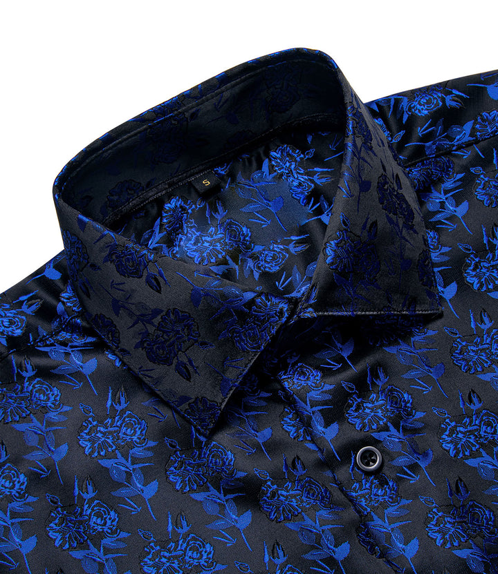 Black Blue Rose Floral Silk Men's Long Sleeve Shirt – ties2you