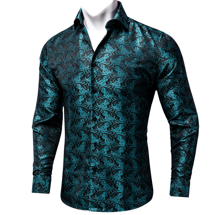 Black Teal Blue Paisley Silk Men's Long Sleeve Shirt – ties2you