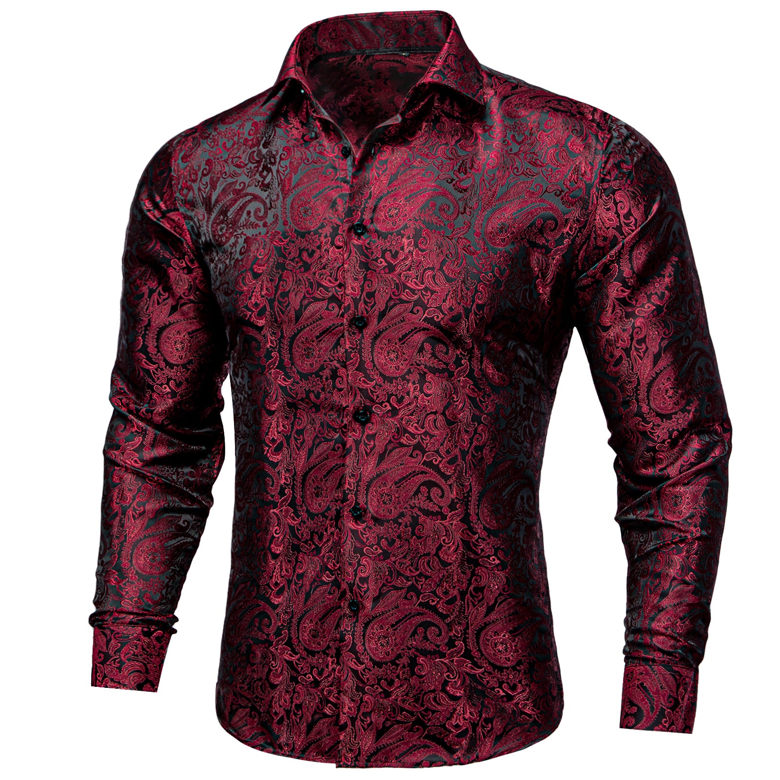Dark Red Paisley Pattern Silk Men's Long Sleeve Shirt – ties2you