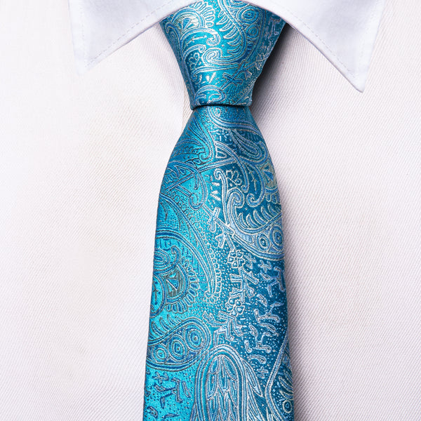 Light Blue White Paisley Silk Children's Necktie Pocket Square Set