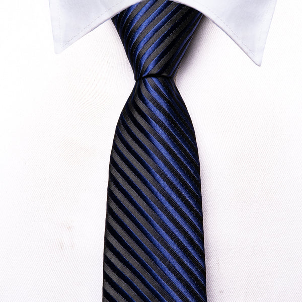 Blue Black Striped Silk Children's Necktie Pocket Square Set