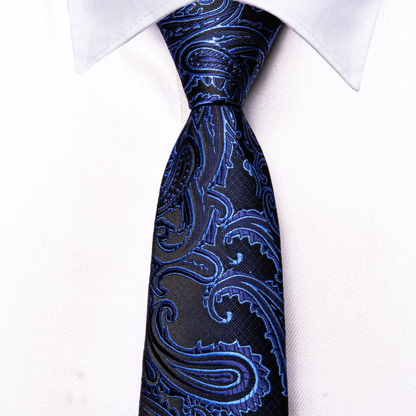 Black Blue Paisley Silk Children's Necktie Pocket Square Set