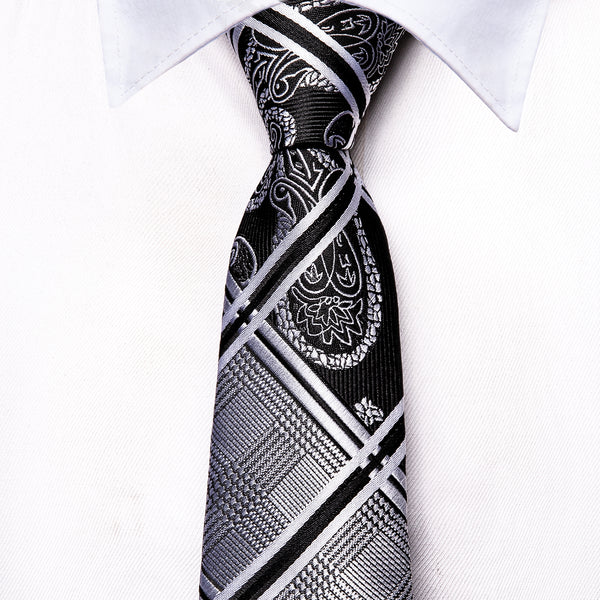 Grey Black Paisley Silk Children's Necktie Pocket Square Set