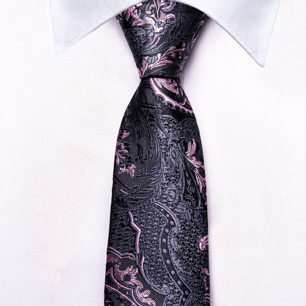 Grey Pink Paisley Silk Children's Necktie Pocket Square Set