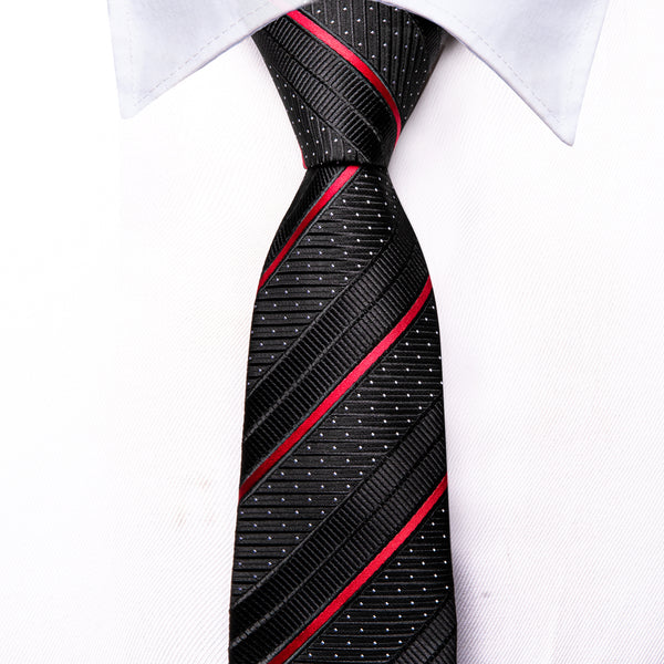 Black Red Striped Silk Children's Necktie Pocket Square Set