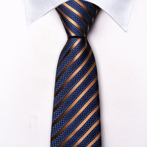 Blue Gold Striped Silk Children's Necktie Pocket Square Set