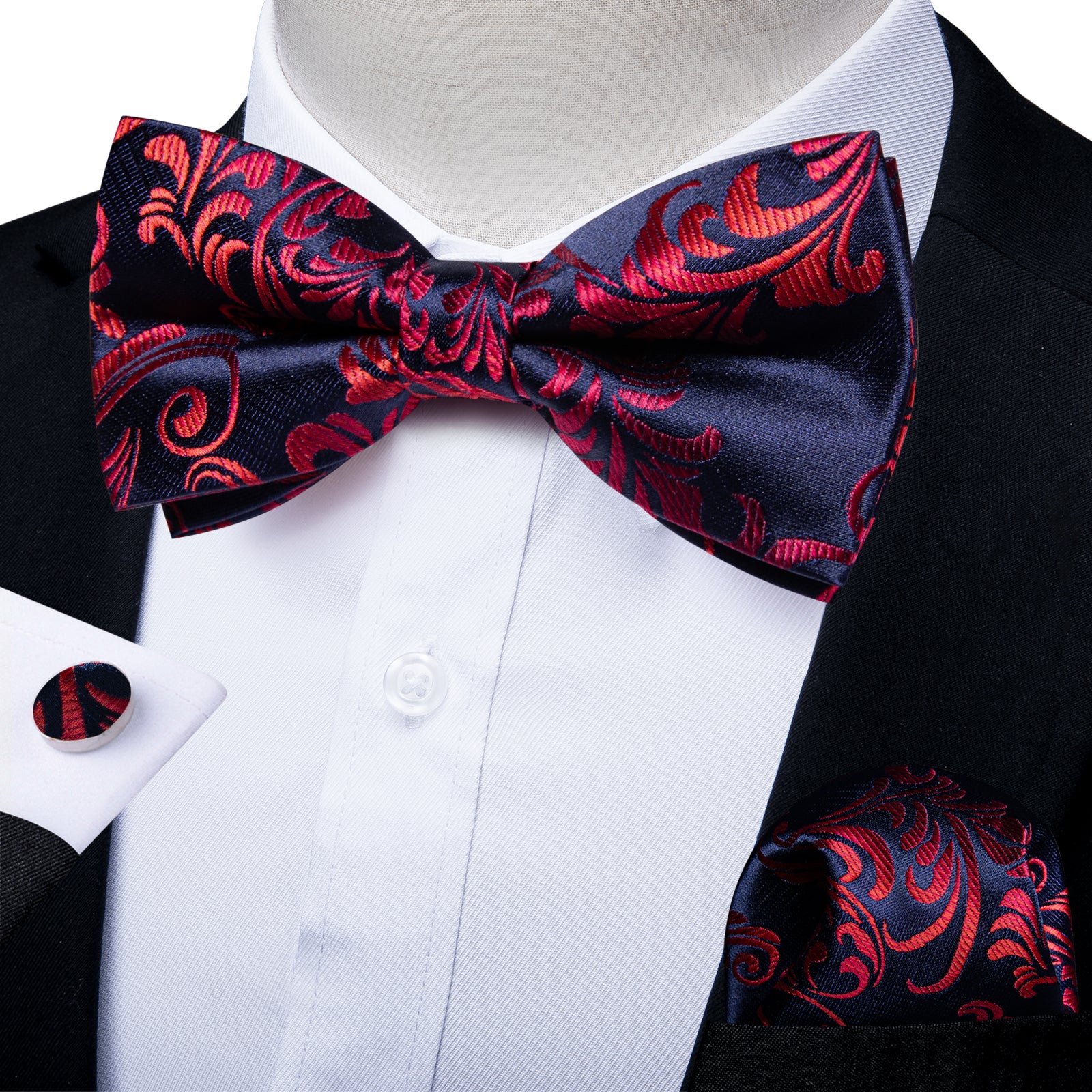 Deep Blue Red Floral Men's Pre-tied Bowtie Pocket Square Cufflinks Set ...