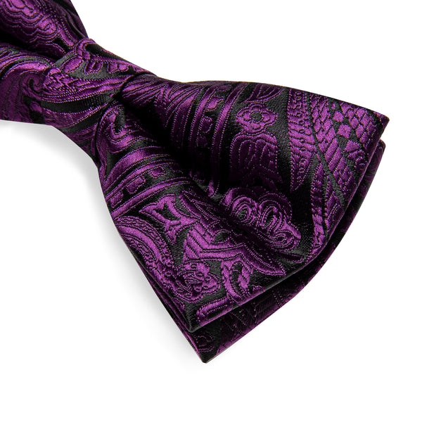 Black Purple Paisley Silk Pre-tied Bow Tie Hanky Cufflinks Set