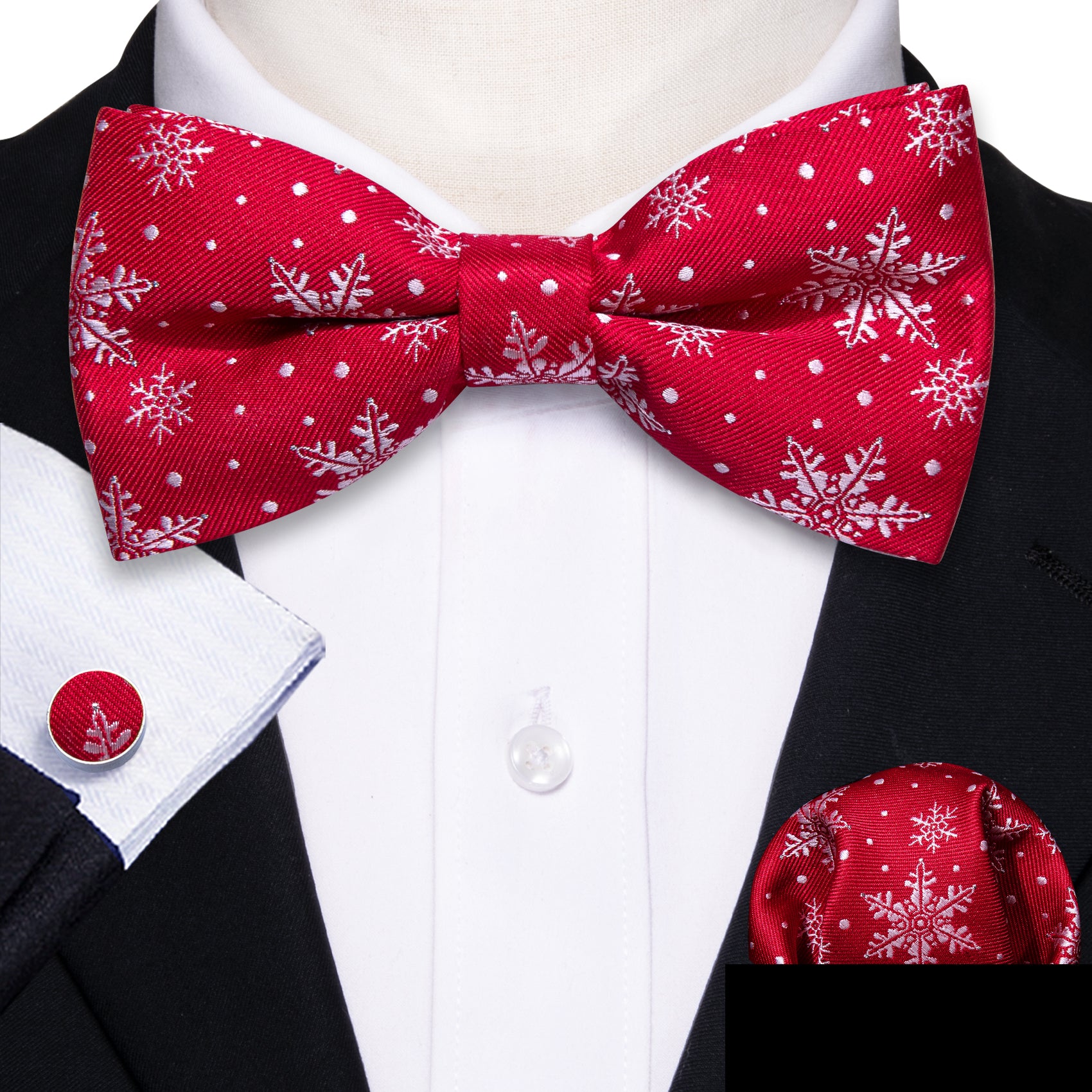 Christmas Red Snowflake Novelty Men's Pre-tied Bowtie Pocket Square Cu ...