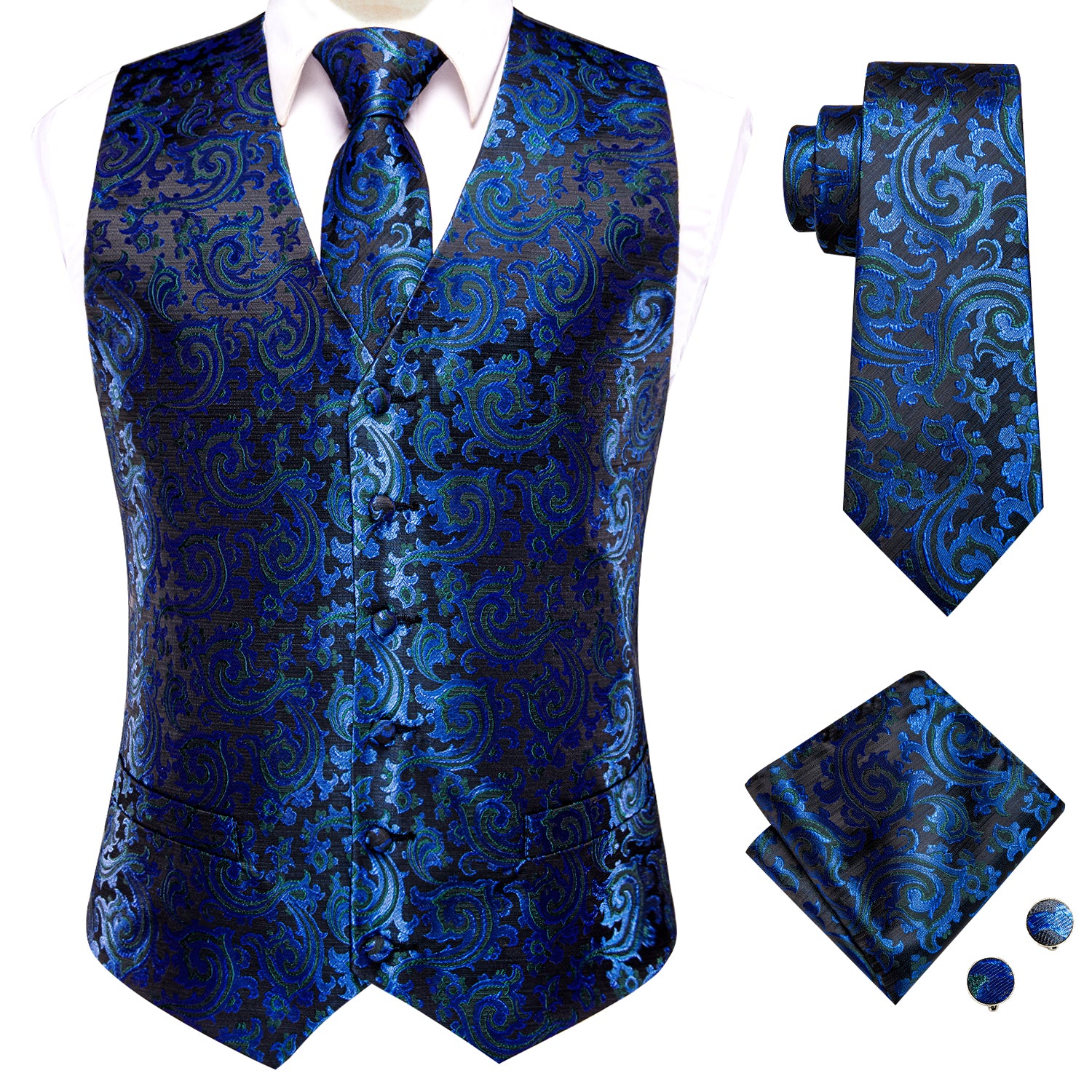 Shining Blue Floral Jacquard Silk Men's Vest Hanky Cufflinks Tie Set ...
