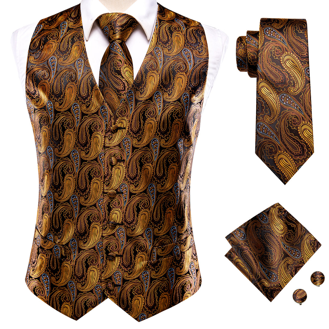 Golden Brown Paisley Jacquard Silk Men's Vest Hanky Cufflinks Tie Set ...